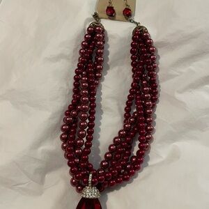 Elegant Red Pearl Necklace and Earring Set